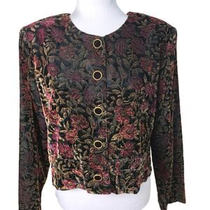 Vintage Black Floral Button-Front Jacket with Gold Accents